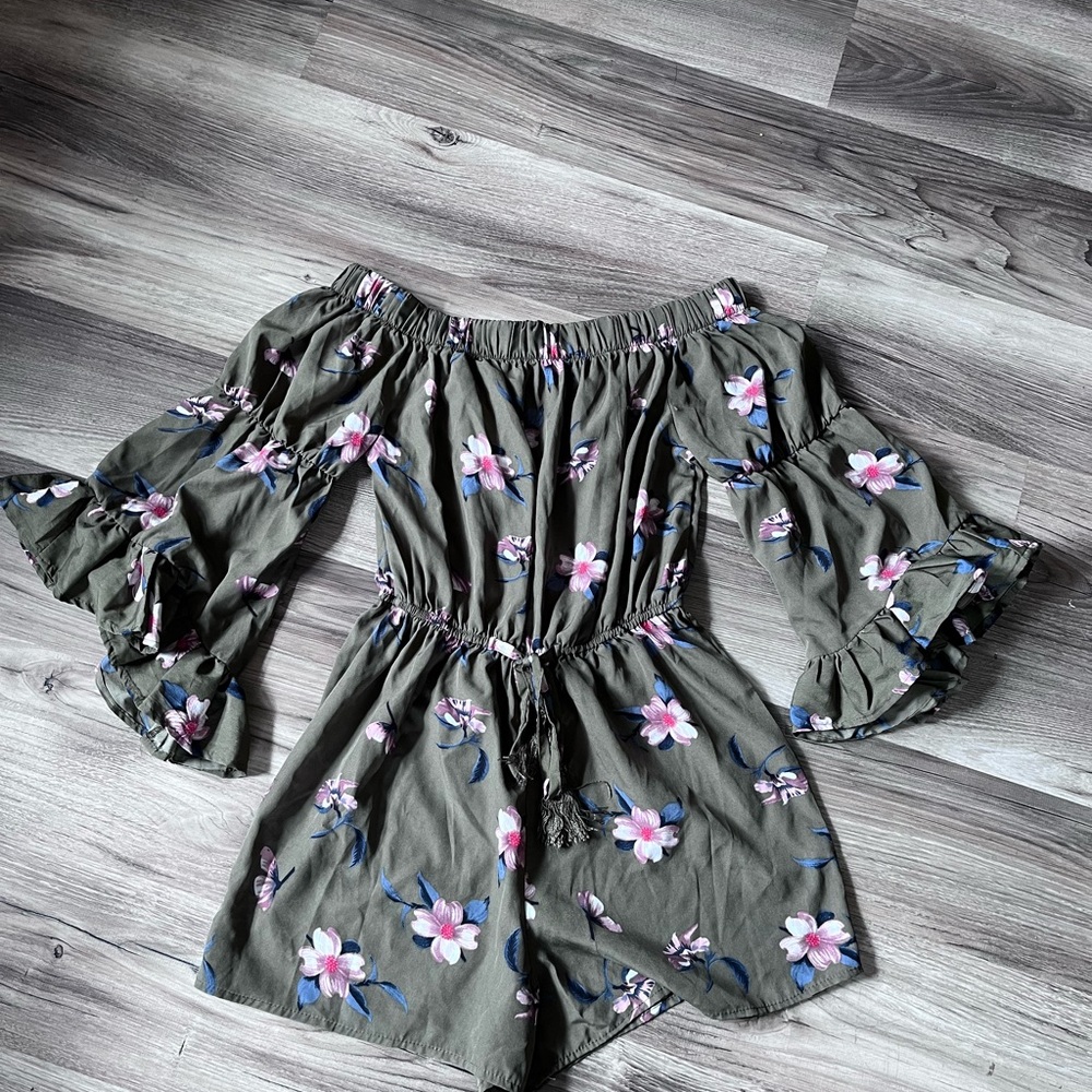 Blush Olive Floral Off-Shoulder Romper